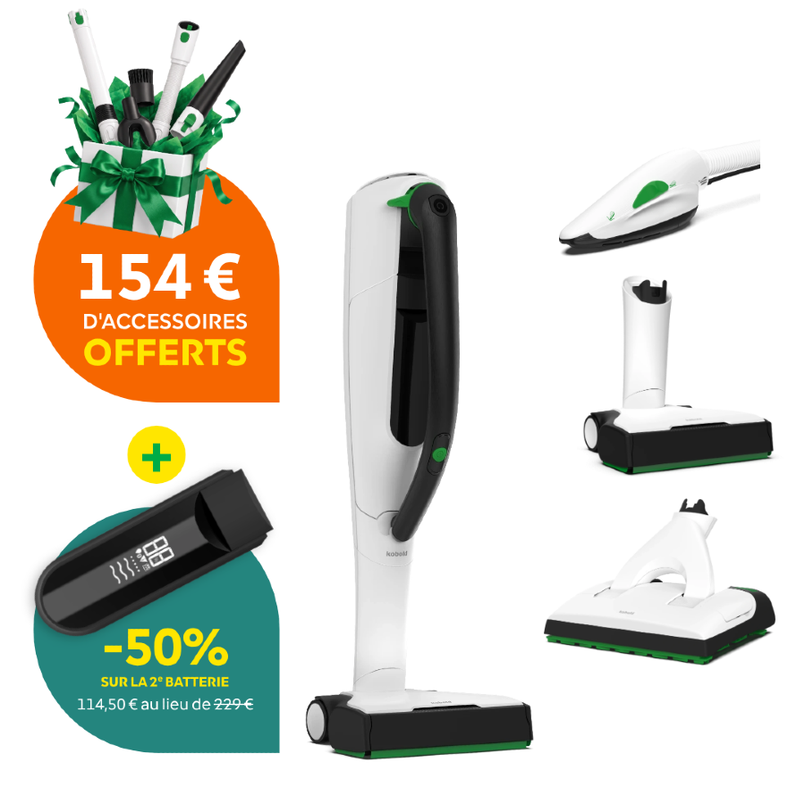 Kobold VK7 Composition 1 + 4 accessoires offerts (154 €) + 2e batterie à -50 % – Novembre 2026